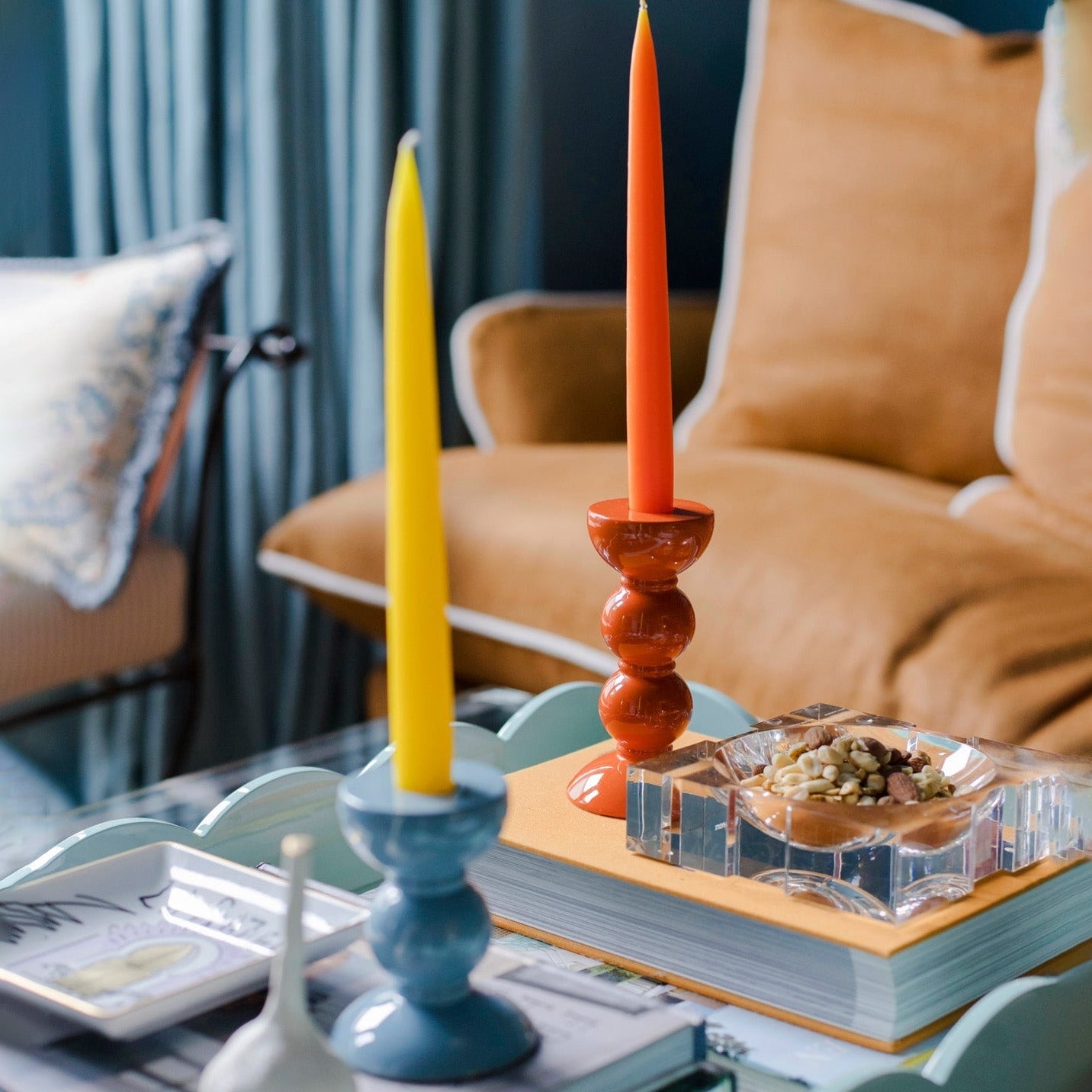 Small Chambray Blue Bobbin Candlestick - 10cm