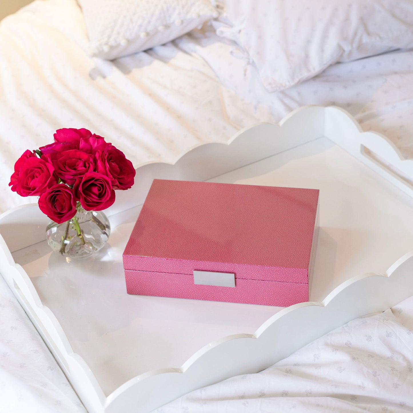 Large Pink Shagreen Jewellery Box with Silver
