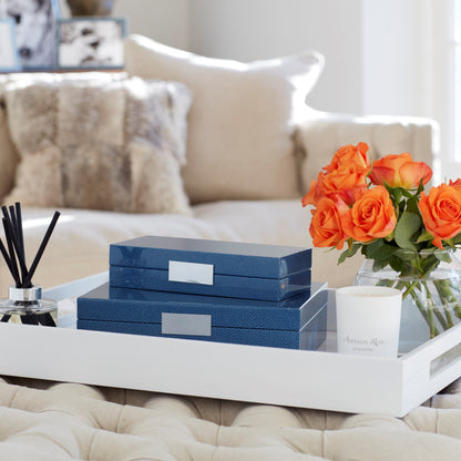 Large Blue Shagreen Lacquer Box with Silver